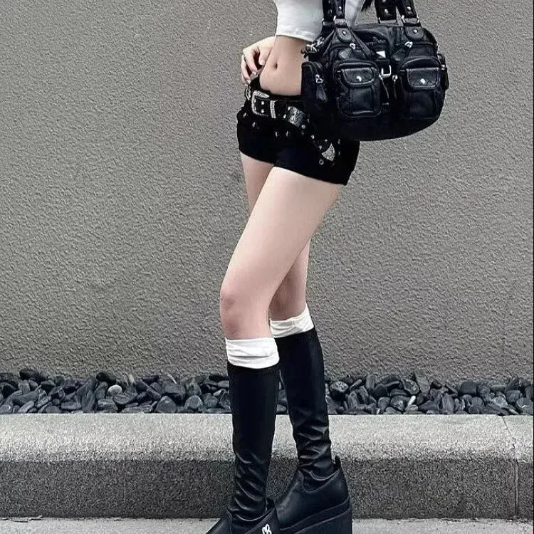 American Style Y2K Black Denim Shorts | Sexy Low Waist Curve