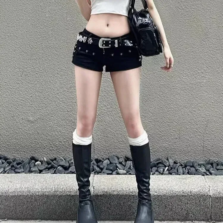 American Style Y2K Black Denim Shorts | Sexy Low Waist Curve