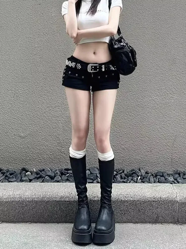 American Style Y2K Black Denim Shorts | Sexy Low Waist Curve