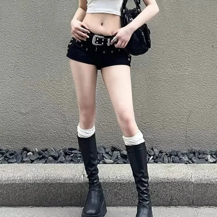 American Style Y2K Black Denim Shorts | Sexy Low Waist Curve