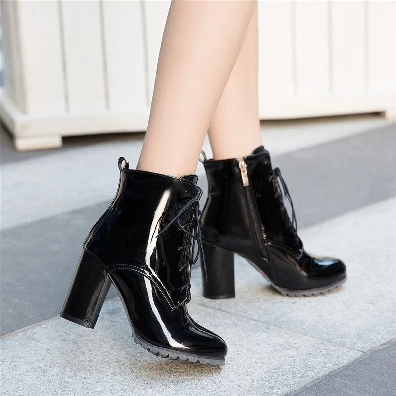 Amozae- Lace up Ankle Boots For Women 2024 Winter Autumn Women's Ankle Boots Fashion Patent Leather Red Black Blue Shoes Lady Large size