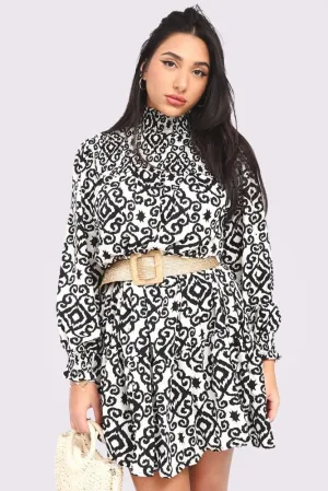 Aztec Print Shirred Neck Dress