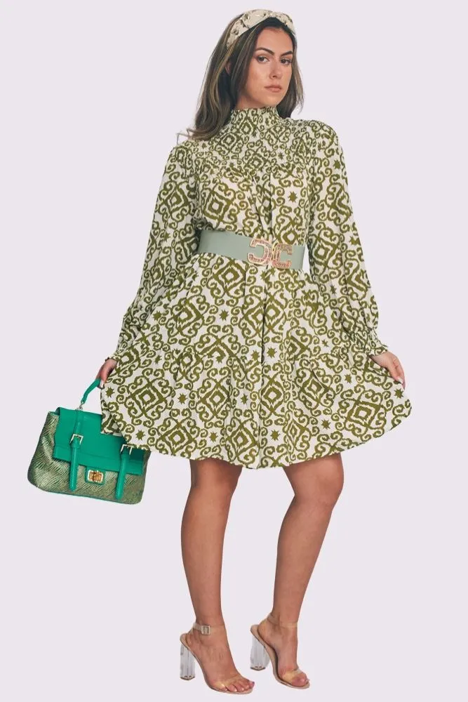 Aztec Print Shirred Neck Dress
