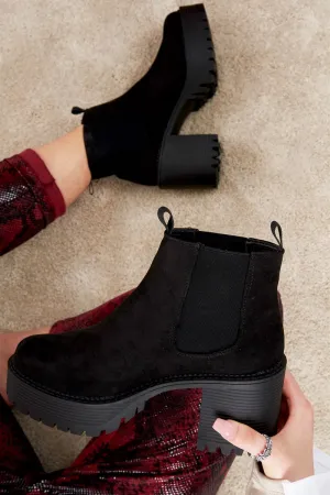 Black Faux Suede Chunky Sole Block Heel Boots - Sofie
