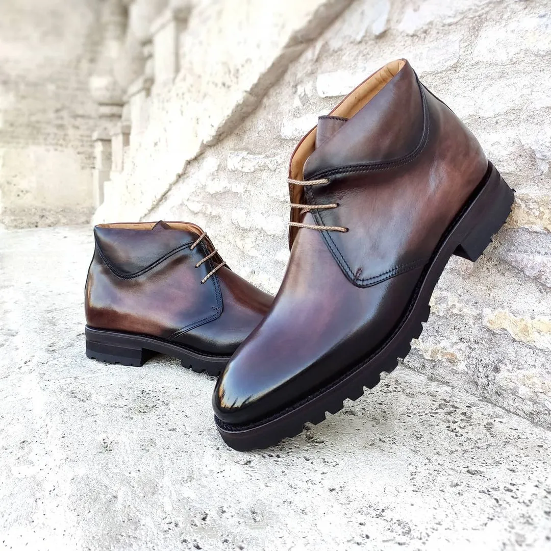 Brown Leather Pernik Chukka Chunky Boots with Track Sole - Hiking and Trekking Boots