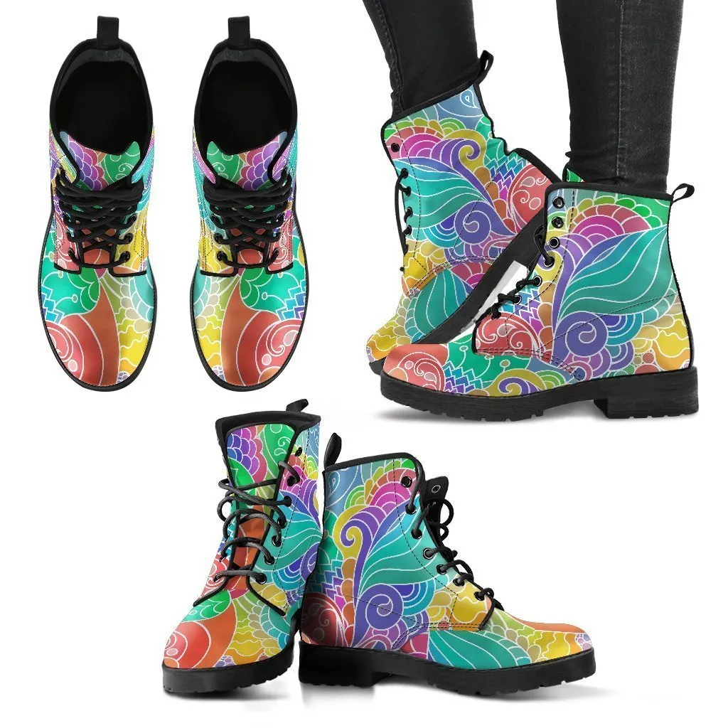 Combat Boots - Beautiful Colorful Doodle | Vegan Leather Lace Up Boots Women, Handmade Lace Up Boots, Aesthetic Shoes, Sorority Shoes