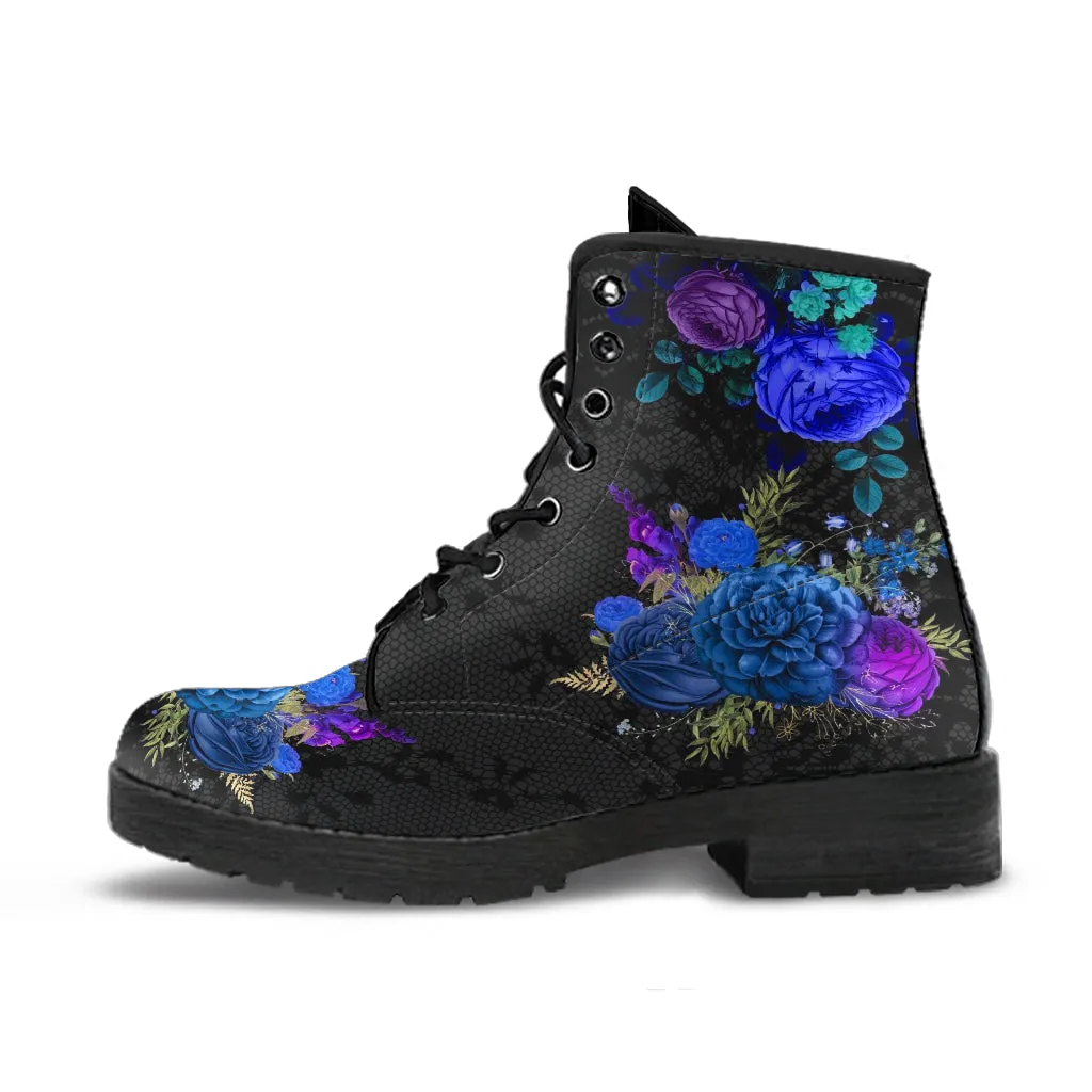 Combat Boots - Beautiful Flowers #101 | Women's Black Hipster Boots, Custom Shoes, Women's Boots, Vegan Leather Lace Up Boots Women