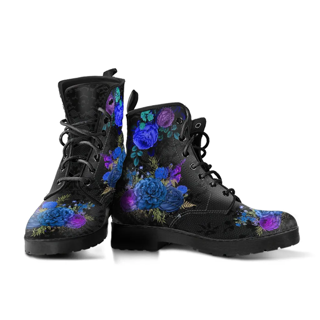 Combat Boots - Beautiful Flowers #101 | Women's Black Hipster Boots, Custom Shoes, Women's Boots, Vegan Leather Lace Up Boots Women