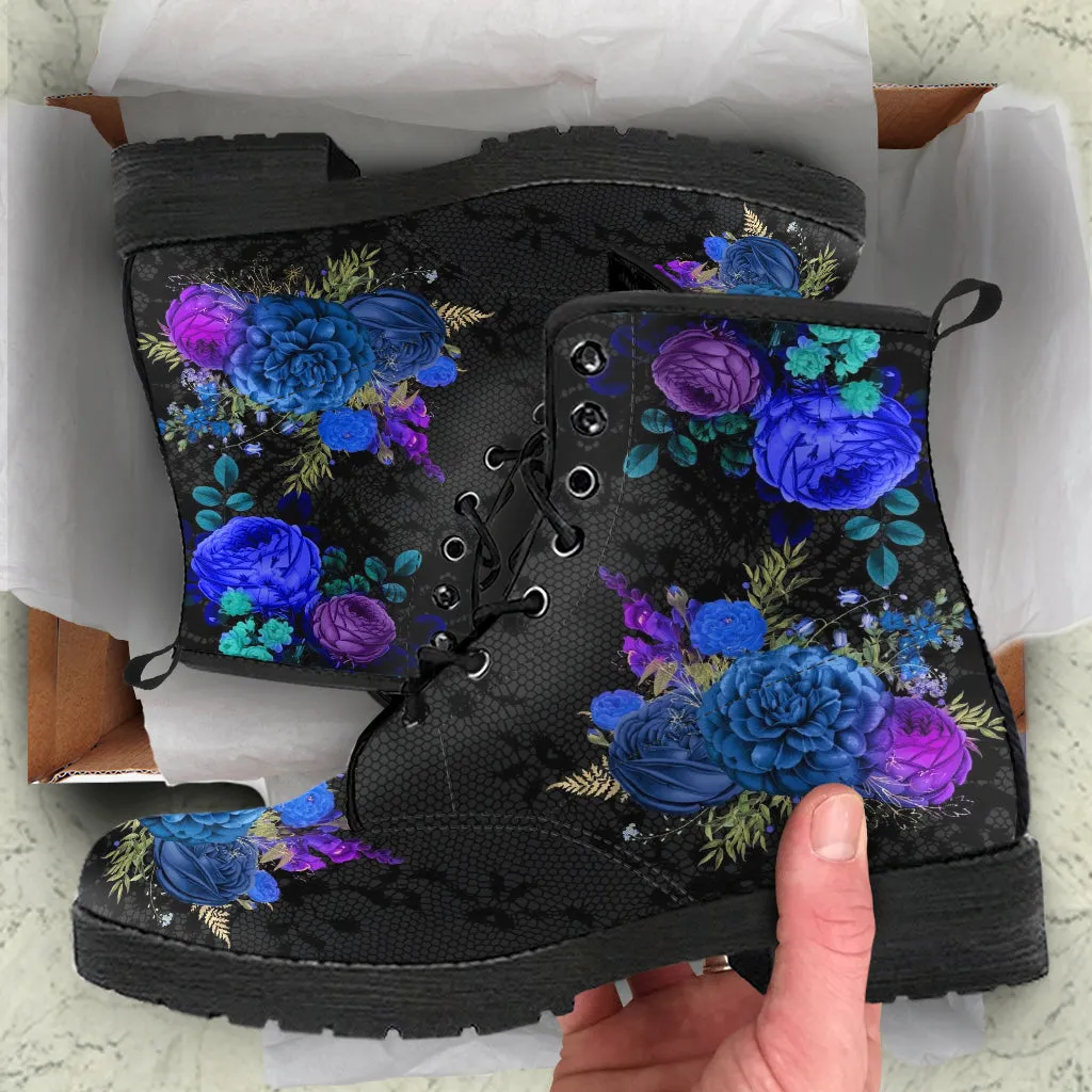 Combat Boots - Beautiful Flowers #101 | Women's Black Hipster Boots, Custom Shoes, Women's Boots, Vegan Leather Lace Up Boots Women