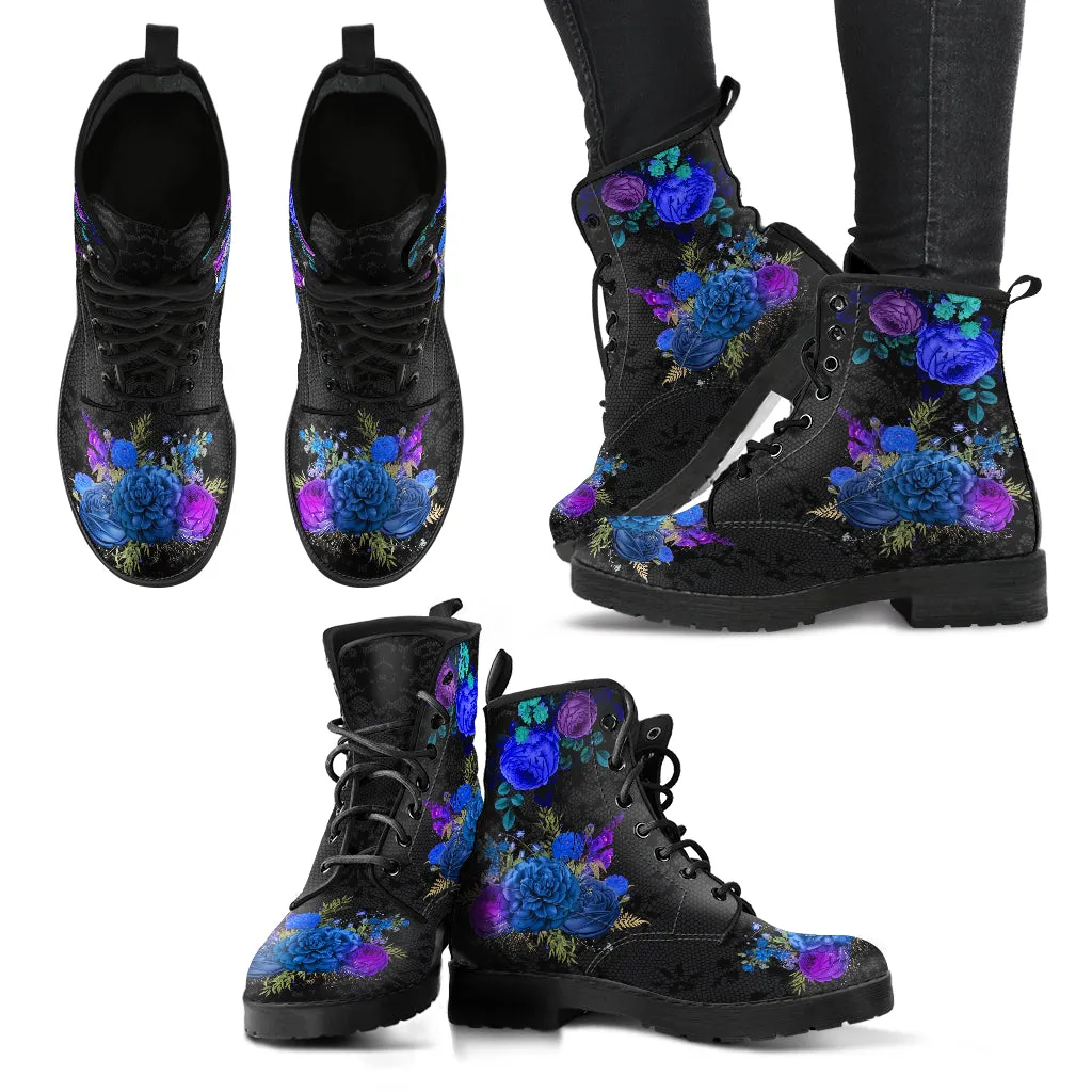 Combat Boots - Beautiful Flowers #101 | Women's Black Hipster Boots, Custom Shoes, Women's Boots, Vegan Leather Lace Up Boots Women