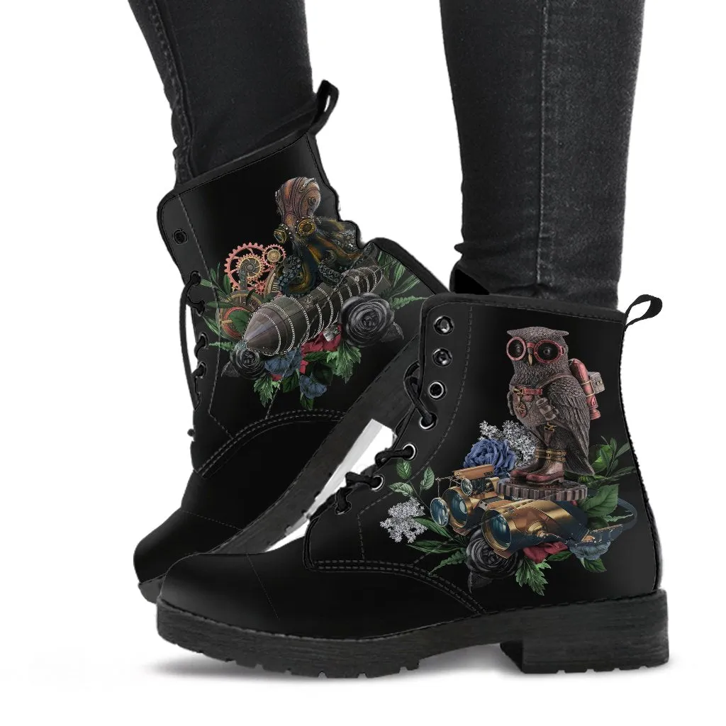 Combat Boots - Steampunk Inspired Design #12 Black | Women's Black Hipster Boots, Handmade Boots, Custom Shoes, Women's Boots