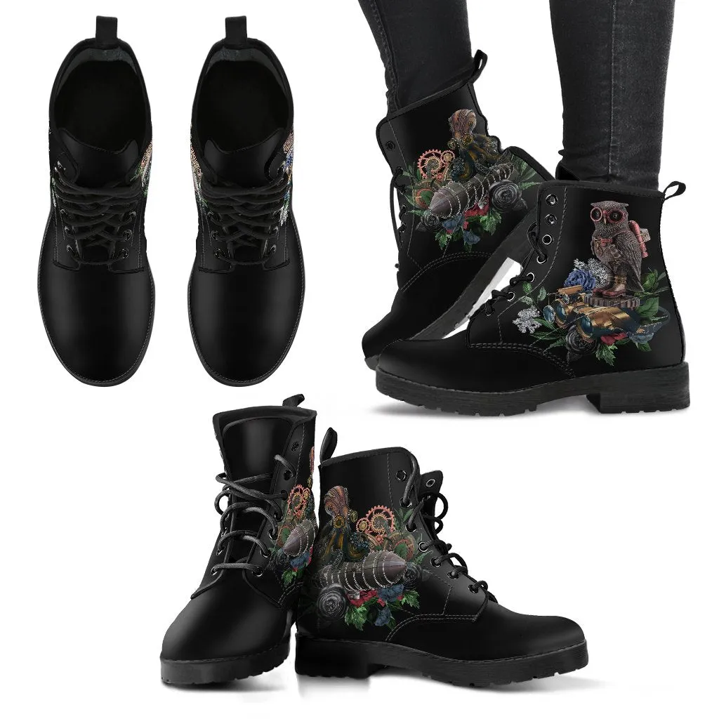 Combat Boots - Steampunk Inspired Design #12 Black | Women's Black Hipster Boots, Handmade Boots, Custom Shoes, Women's Boots