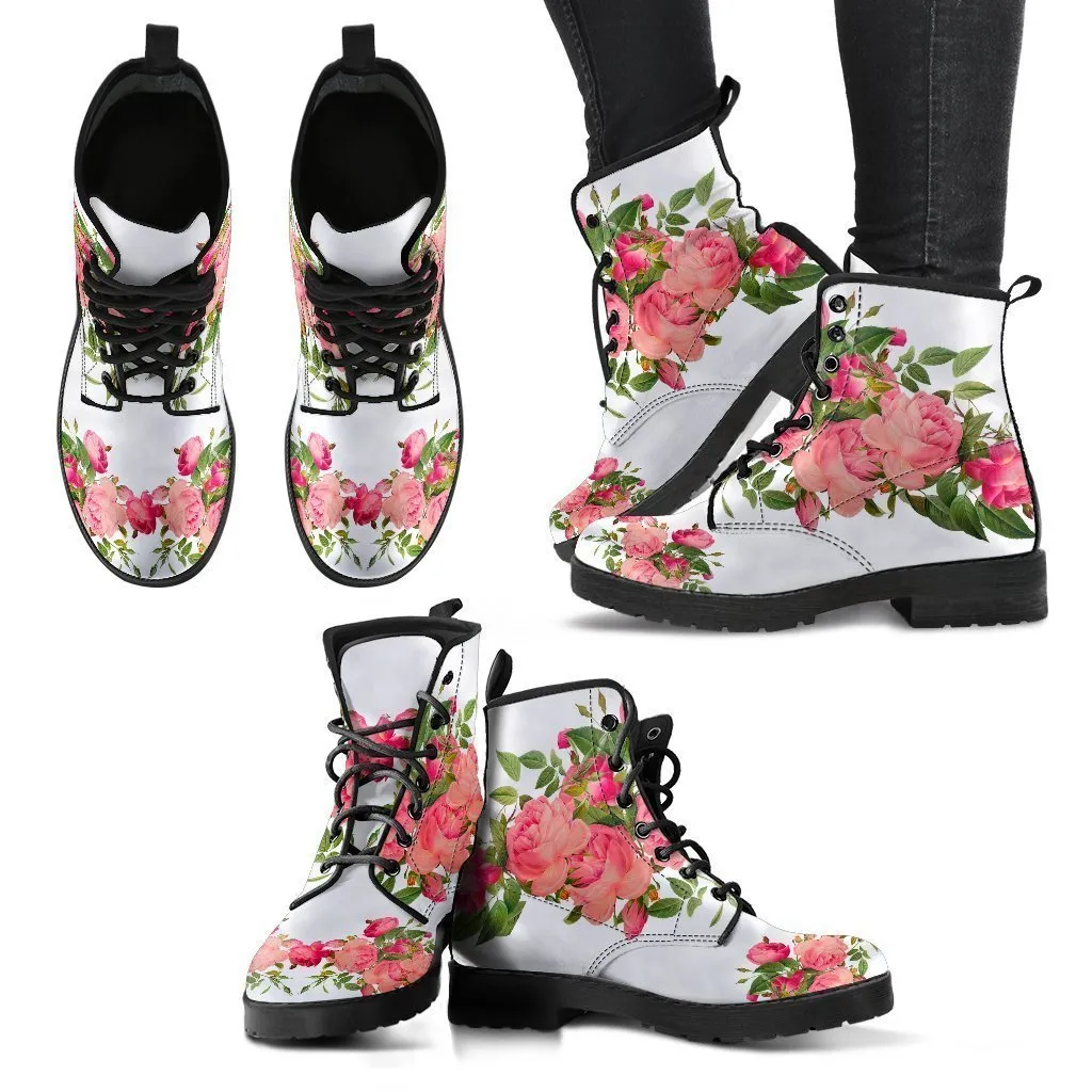Combat Boots - Vintage Roses (White) | Vegan Leather Lace Up Boots, Handmade Lace Up Boots, Women’s Boots, Custom Shoes, Aesthetic Shoes