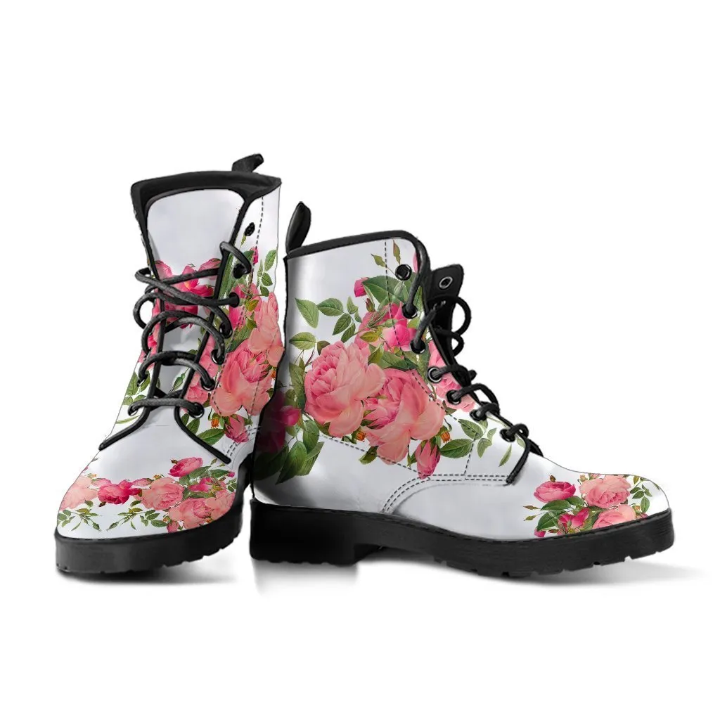 Combat Boots - Vintage Roses (White) | Vegan Leather Lace Up Boots, Handmade Lace Up Boots, Women’s Boots, Custom Shoes, Aesthetic Shoes