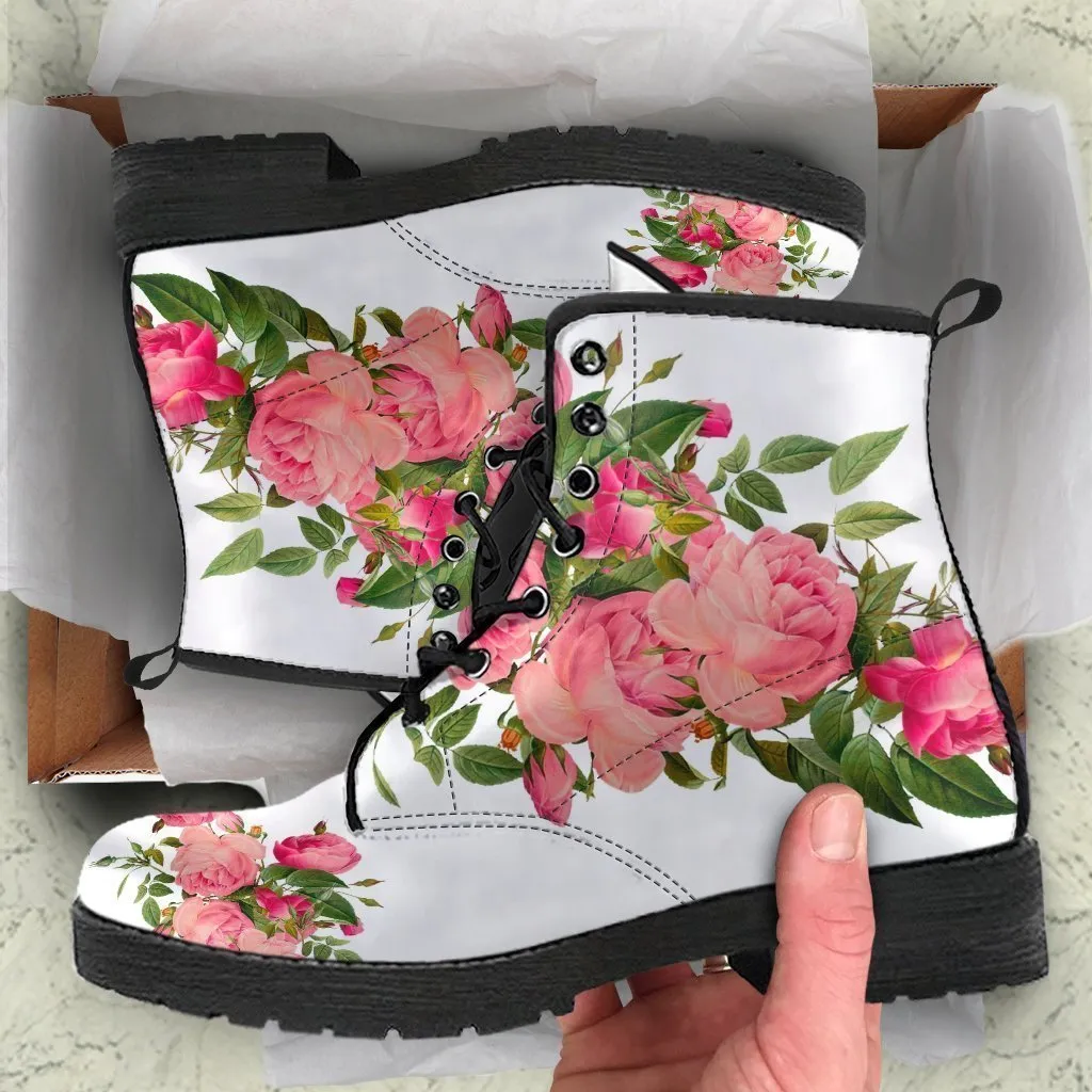 Combat Boots - Vintage Roses (White) | Vegan Leather Lace Up Boots, Handmade Lace Up Boots, Women’s Boots, Custom Shoes, Aesthetic Shoes