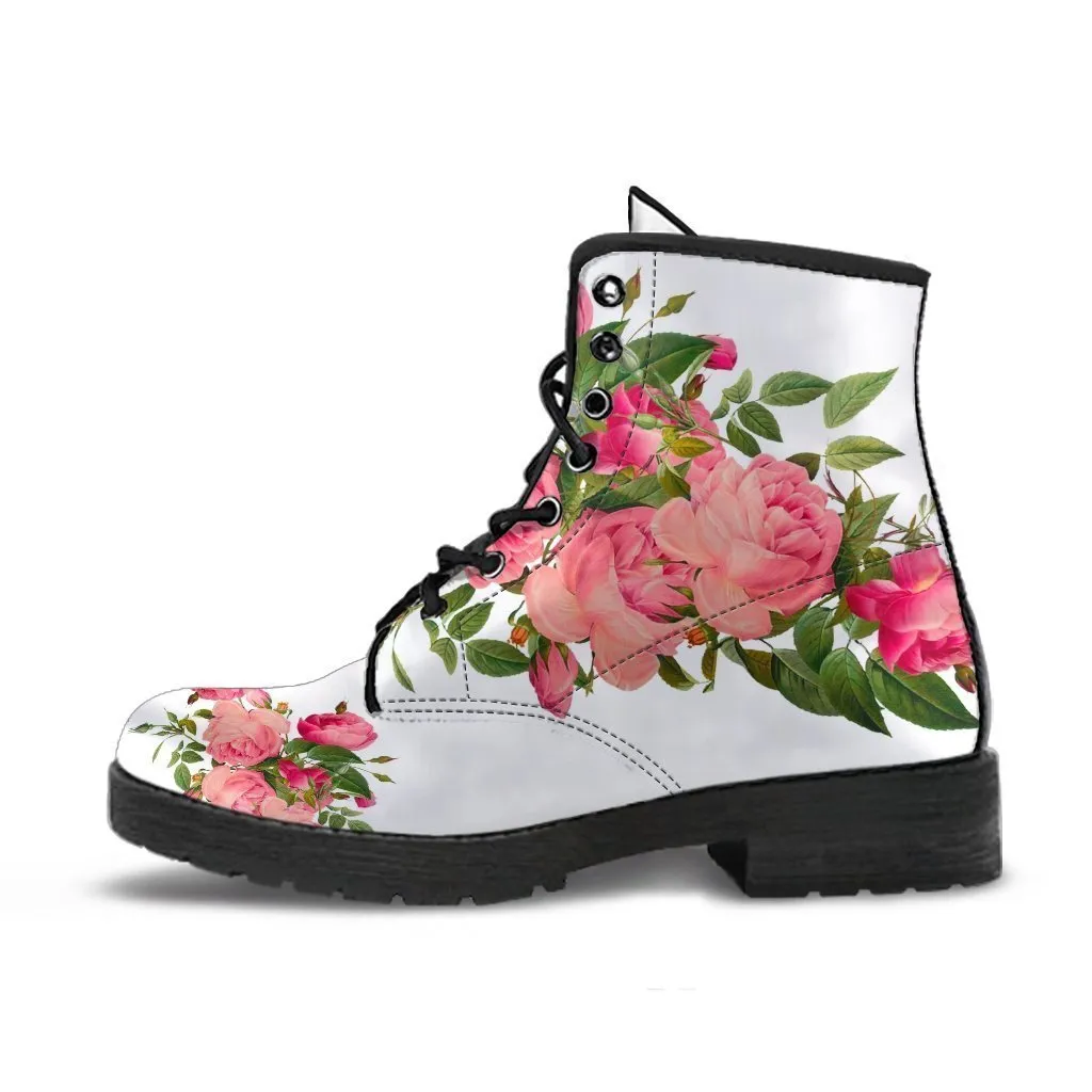 Combat Boots - Vintage Roses (White) | Vegan Leather Lace Up Boots, Handmade Lace Up Boots, Women’s Boots, Custom Shoes, Aesthetic Shoes