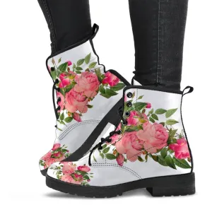 Combat Boots - Vintage Roses (White) | Vegan Leather Lace Up Boots, Handmade Lace Up Boots, Women’s Boots, Custom Shoes, Aesthetic Shoes