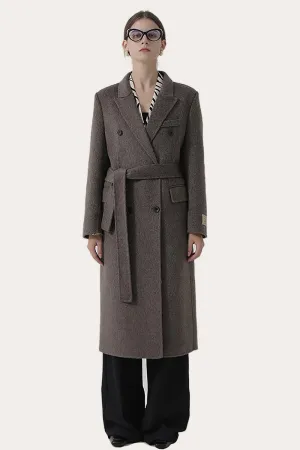 Dark Grey Double Breasted Peak Lapel Long Slim Fit Wool Coat