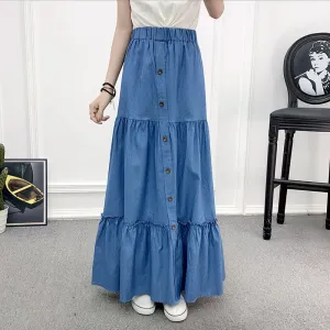 Denim Skirts Womens Elastic High Waist Button Shirring Patchwork Ruffle Long Maxi Skirt Jeans
