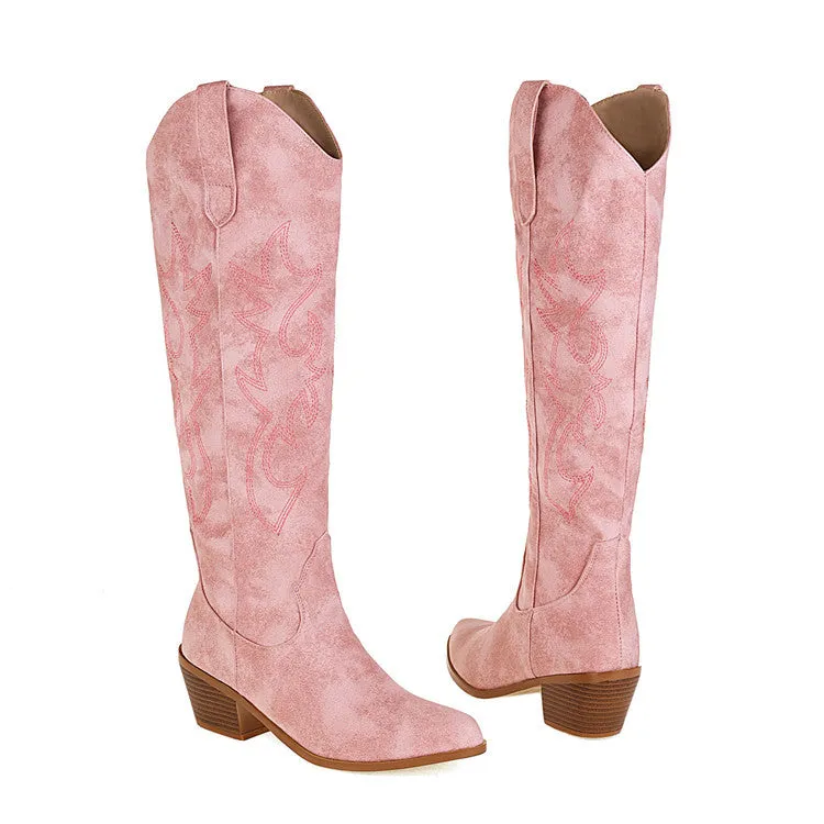 Embroidery pointed toe knee high cowboy boots Block heels knee high western boots