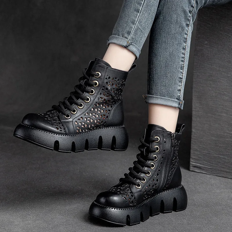 High Top Hollow Thick Sole Solid Color Retro Martin Women's Sandals Boots