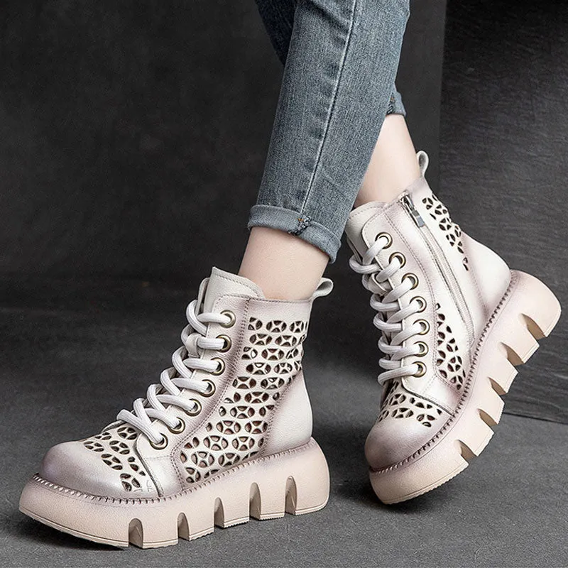 High Top Hollow Thick Sole Solid Color Retro Martin Women's Sandals Boots