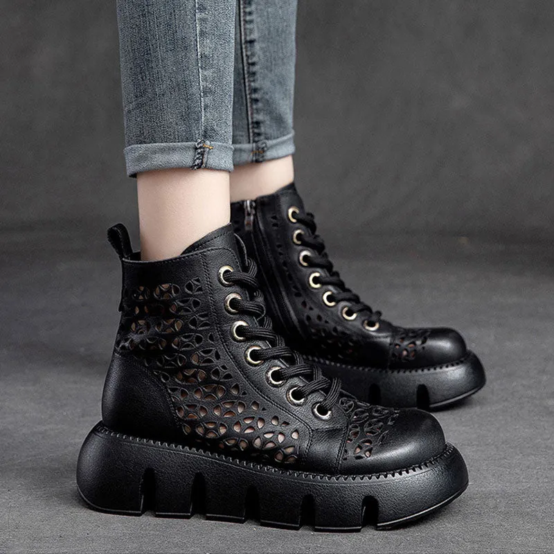 High Top Hollow Thick Sole Solid Color Retro Martin Women's Sandals Boots