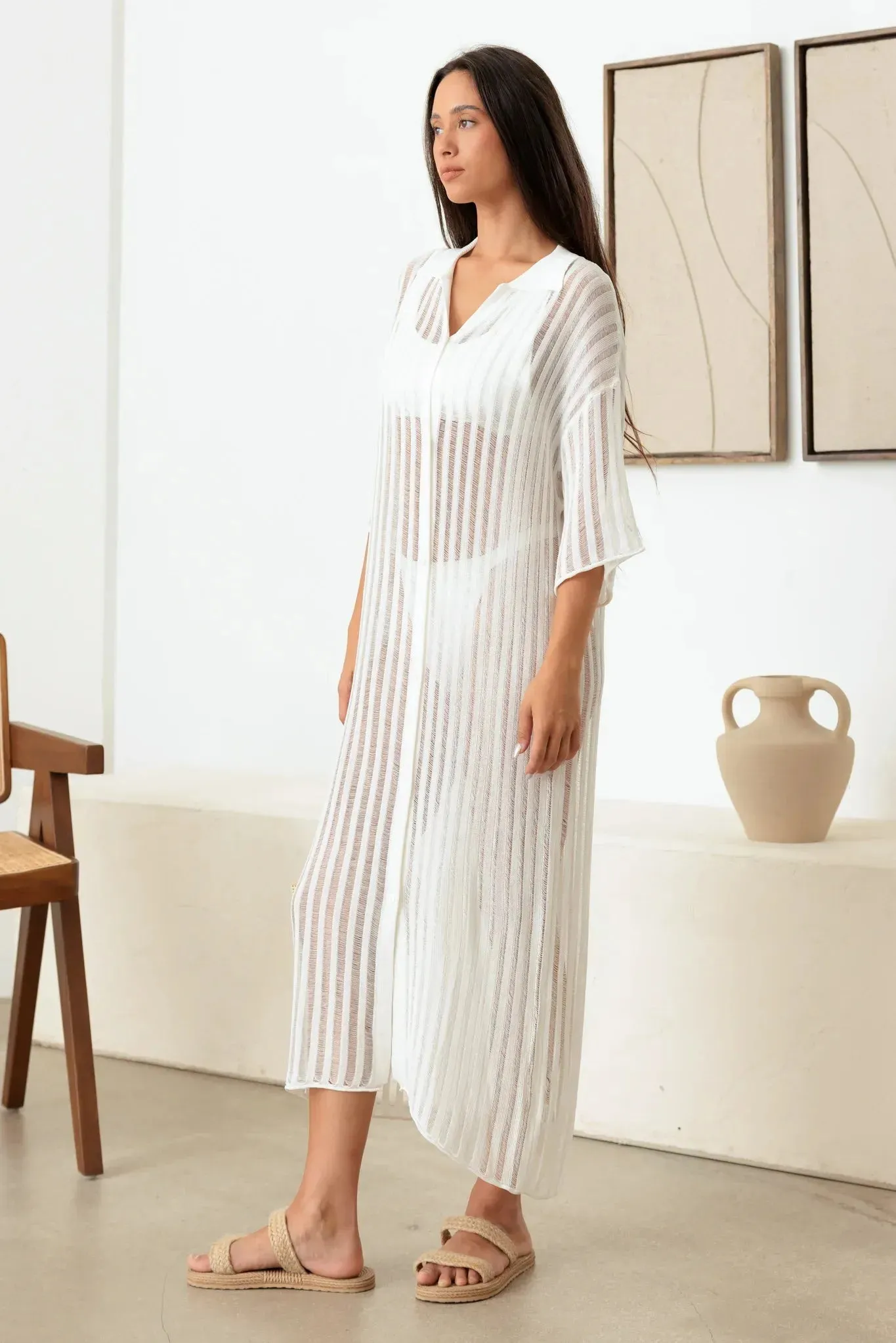 Lightweight Button Down Collar Sheer Duster Cover Up