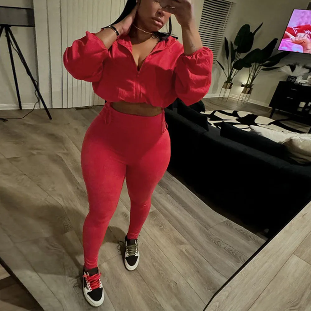 MB FASHION Zip-Up Crop Jacket & High-Waist Leggings Set 1552LY