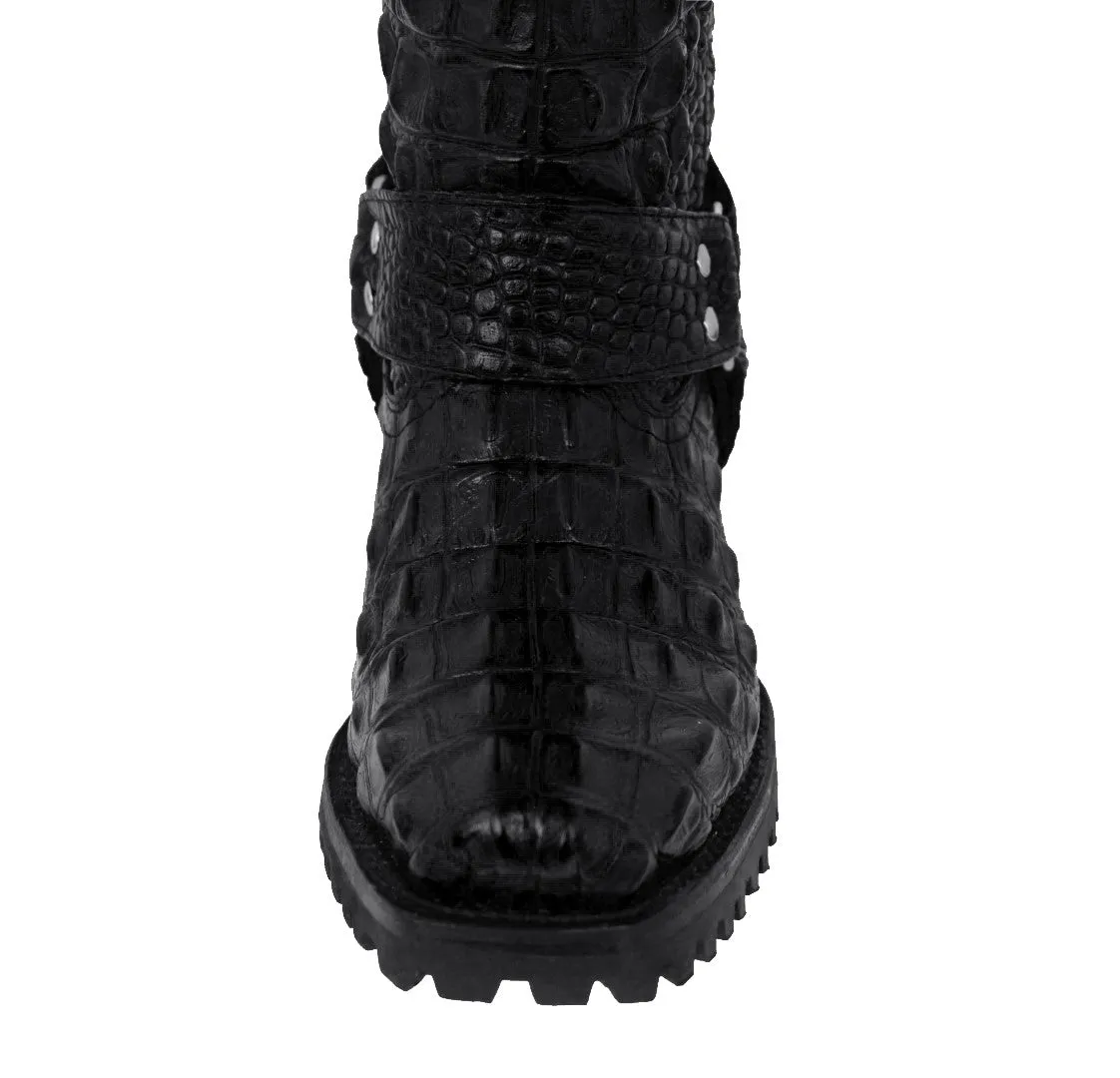 Mens Black Motorcycle Boots Crocodile Back Print - Square Toe