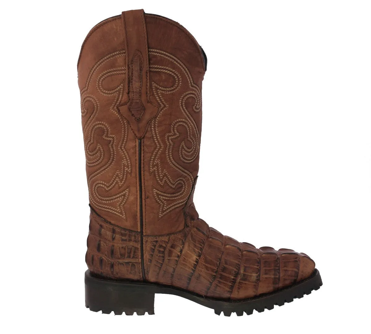 Mens Brown Motorcycle Boots Crocodile Tail Print - Round Toe