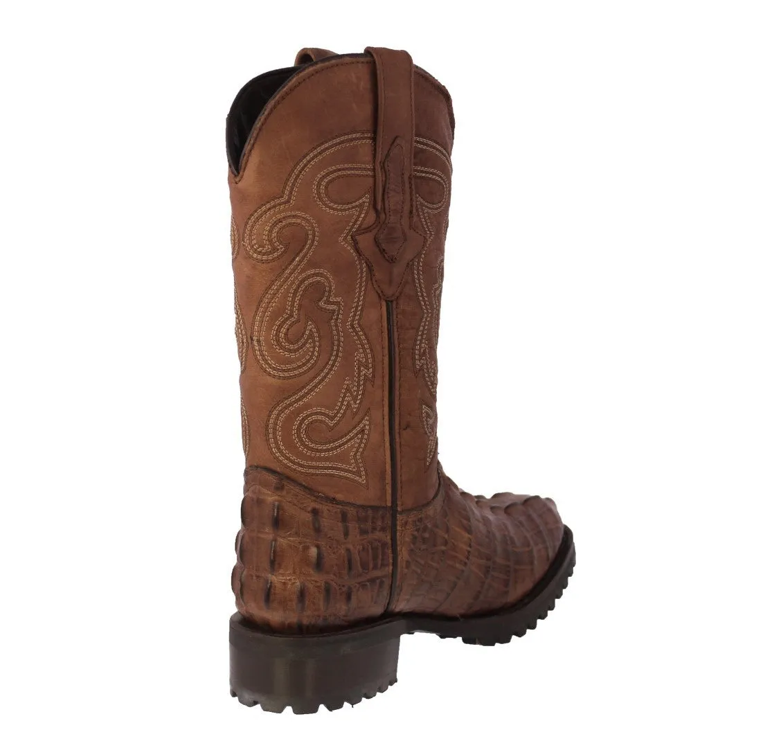 Mens Brown Motorcycle Boots Crocodile Tail Print - Round Toe