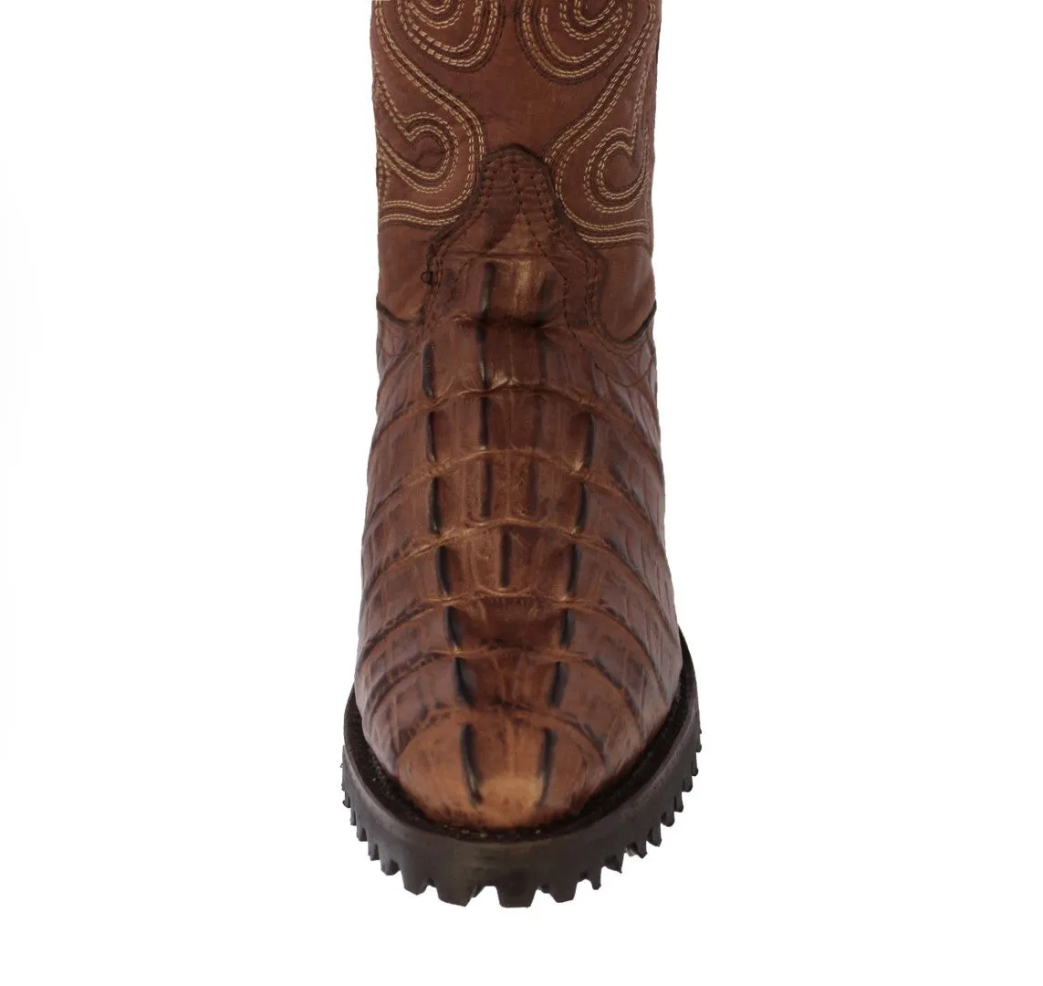 Mens Brown Motorcycle Boots Crocodile Tail Print - Round Toe