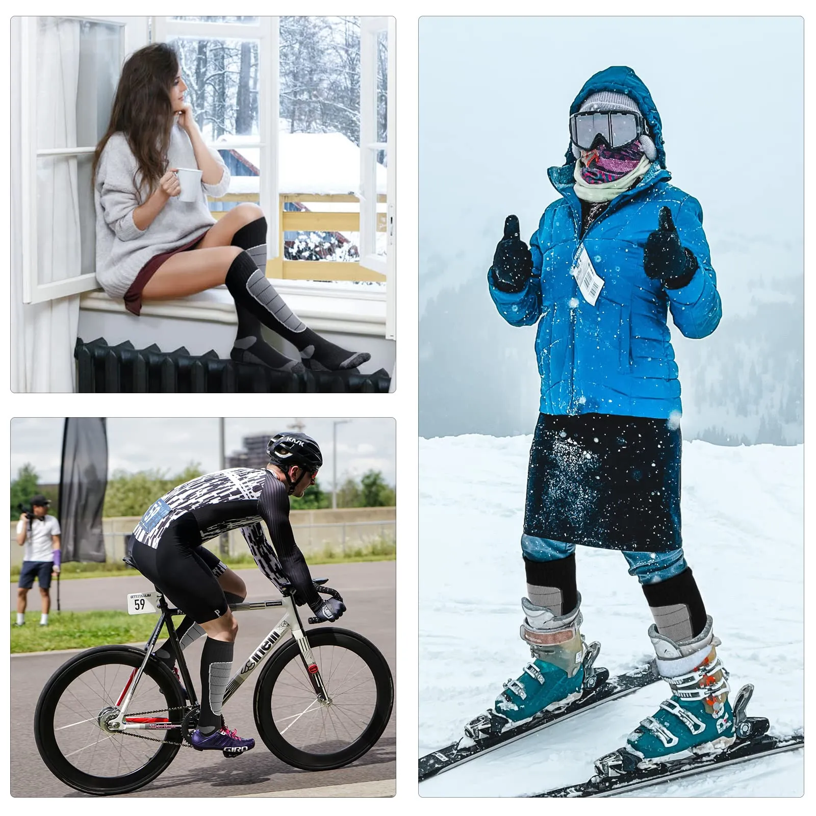 Merino Wool Ski Socks, Cold Weather Socks for Snowboarding, Snow, Winter, Thermal Knee-high Warm Socks, Hunting, Outdoor Sports (3 Pairs (Black Grey Grey), Large)