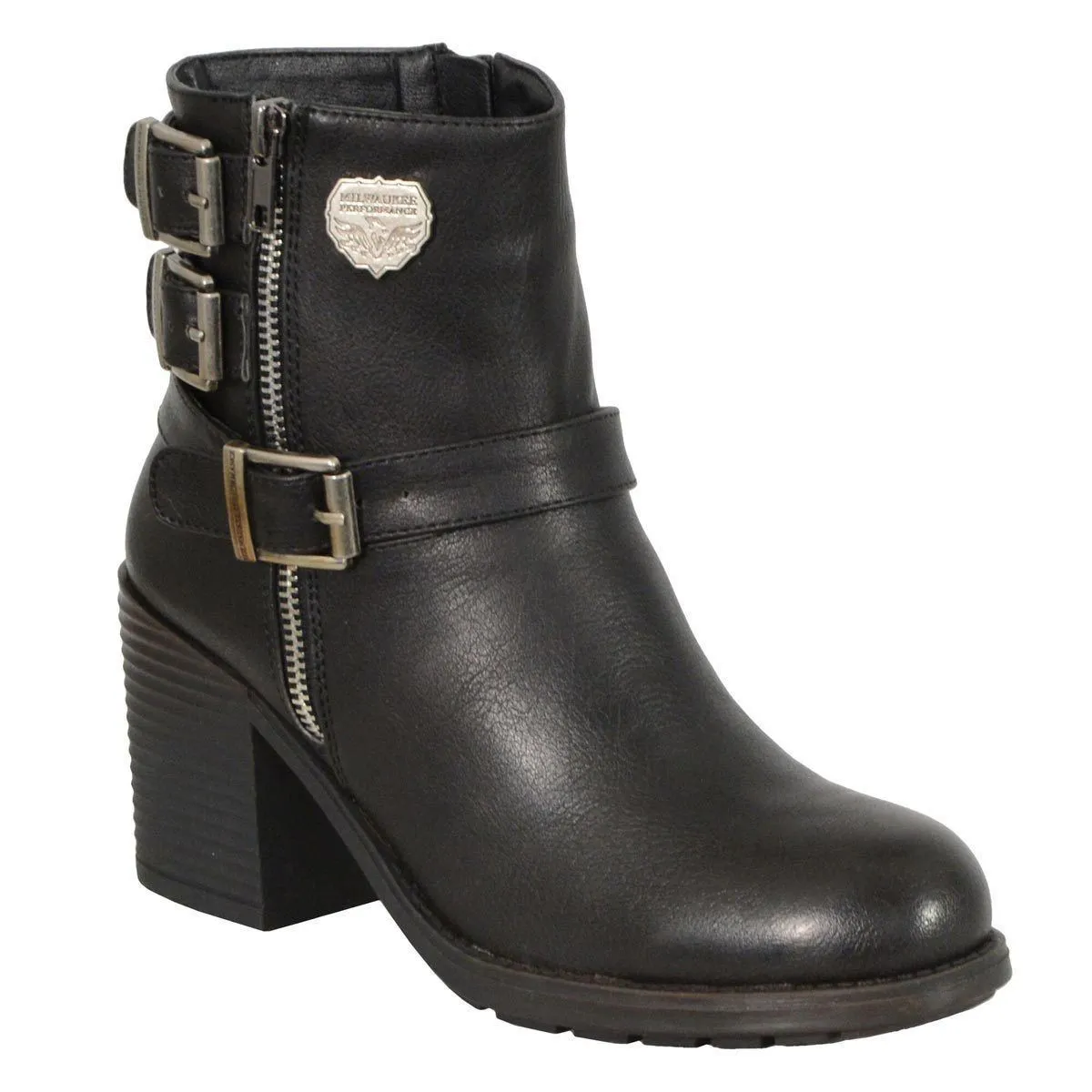 Milwaukee Leather Women's Black Triple Buckle Side Zipper Boots with Platform Heel