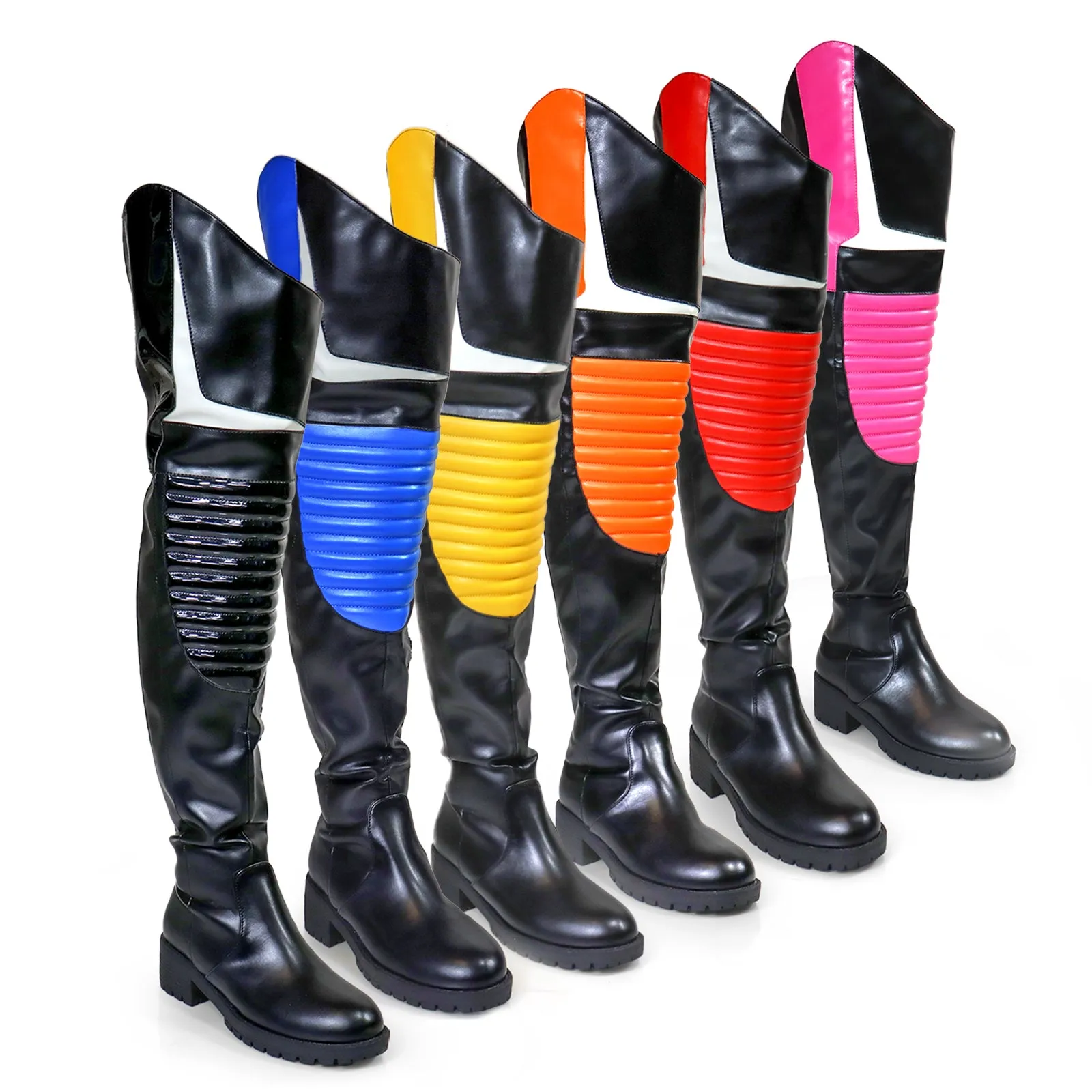 NORRIS-1 Black Faux Leather Over Knee Moto Boot  - Motorcycle Styling Detail