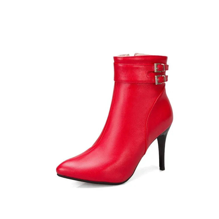 Pointed Toe Buckle Women's High Heel Short Boots
