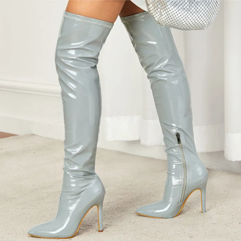 PU patent leather stiletto thigh boots