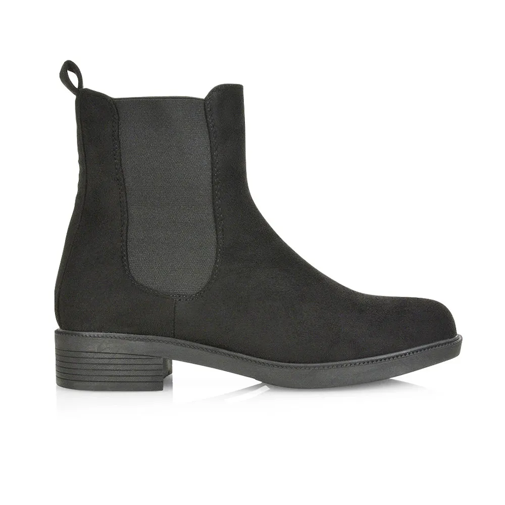 Rachel Round Toe Slip on Low Block Heel Flat Ankle Chelsea Boots in Navy Faux Suede