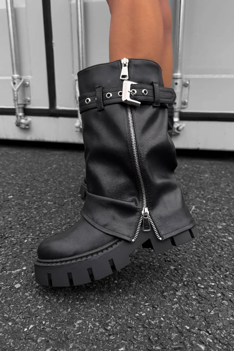 RAGE Flared Calf Chunky Zip Boots - Black PU