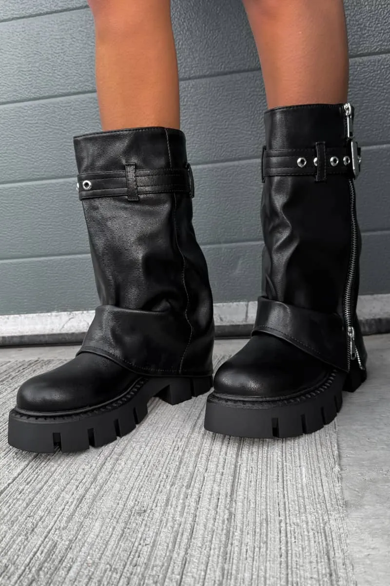 RAGE Flared Calf Chunky Zip Boots - Black PU