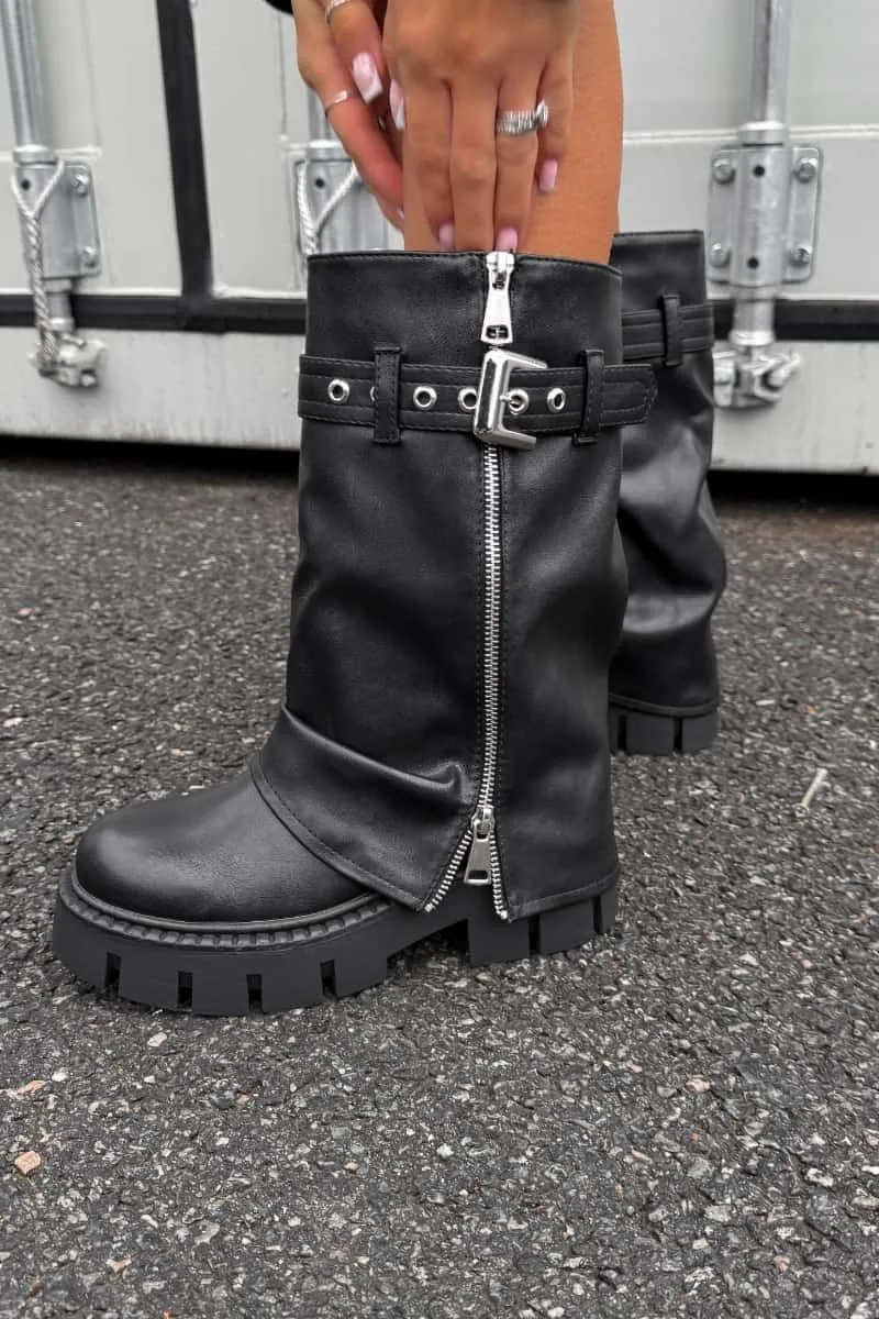 RAGE Flared Calf Chunky Zip Boots - Black PU