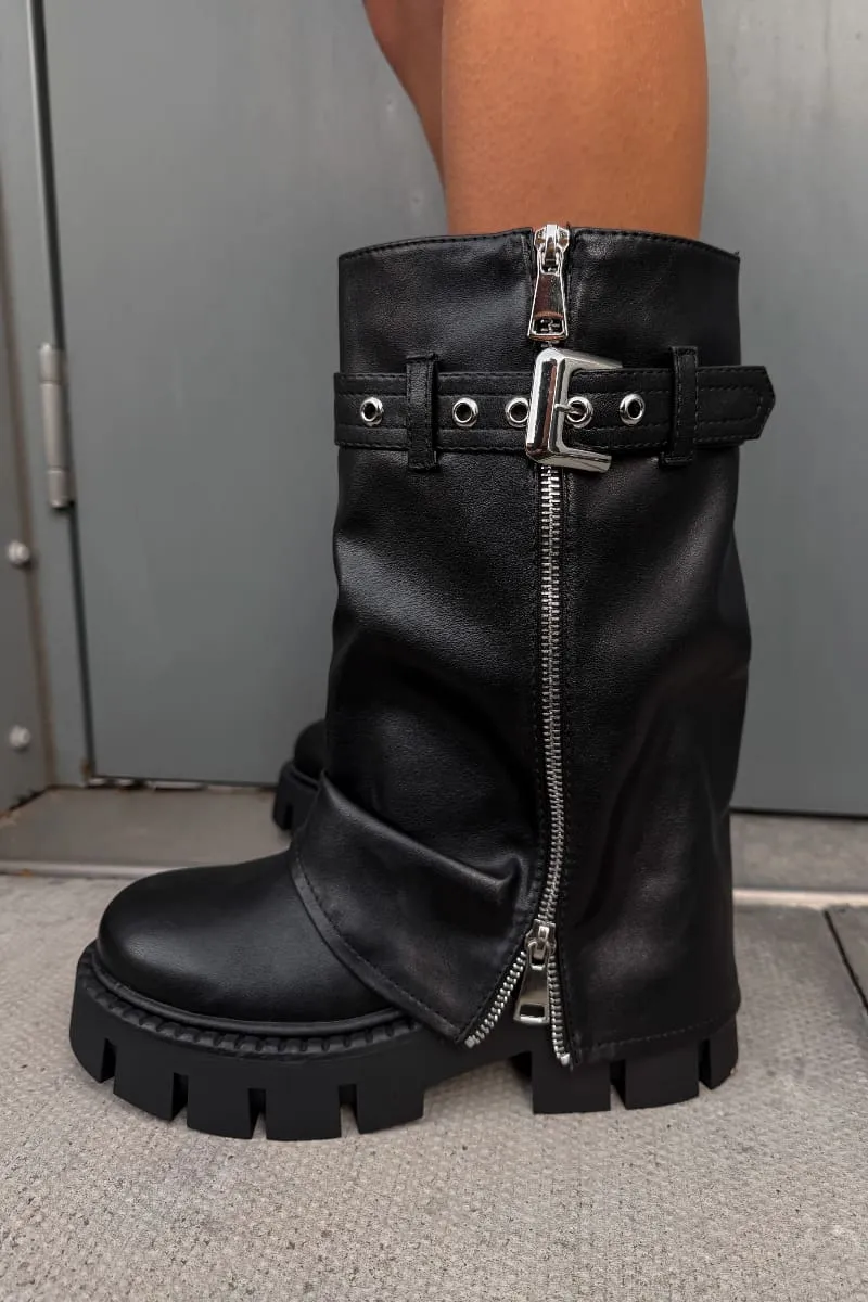 RAGE Flared Calf Chunky Zip Boots - Black PU