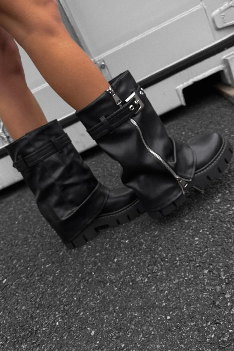 RAGE Flared Calf Chunky Zip Boots - Black PU