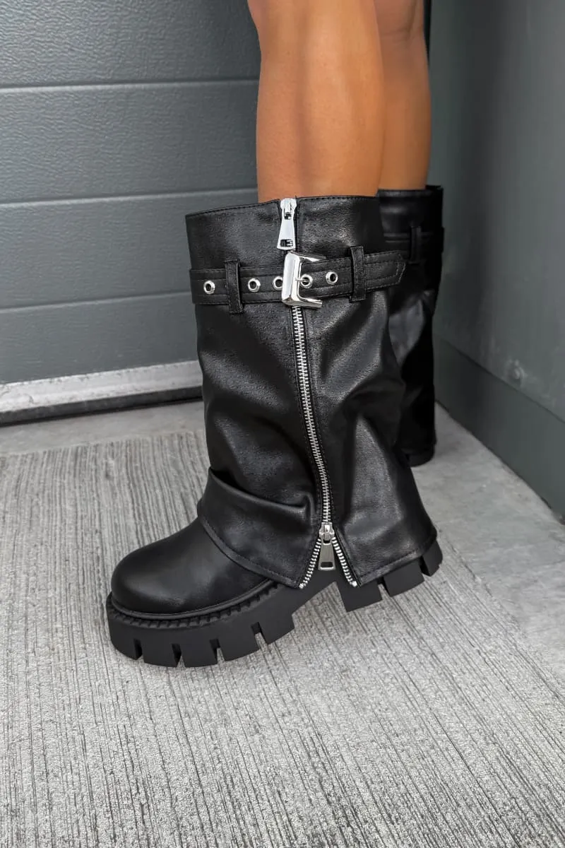 RAGE Flared Calf Chunky Zip Boots - Black PU