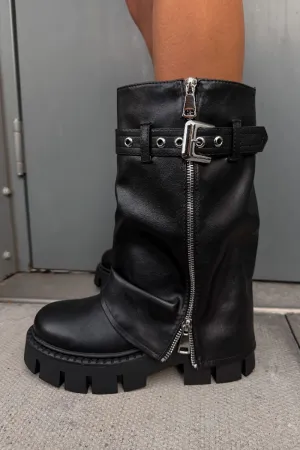 RAGE Flared Calf Chunky Zip Boots - Black PU