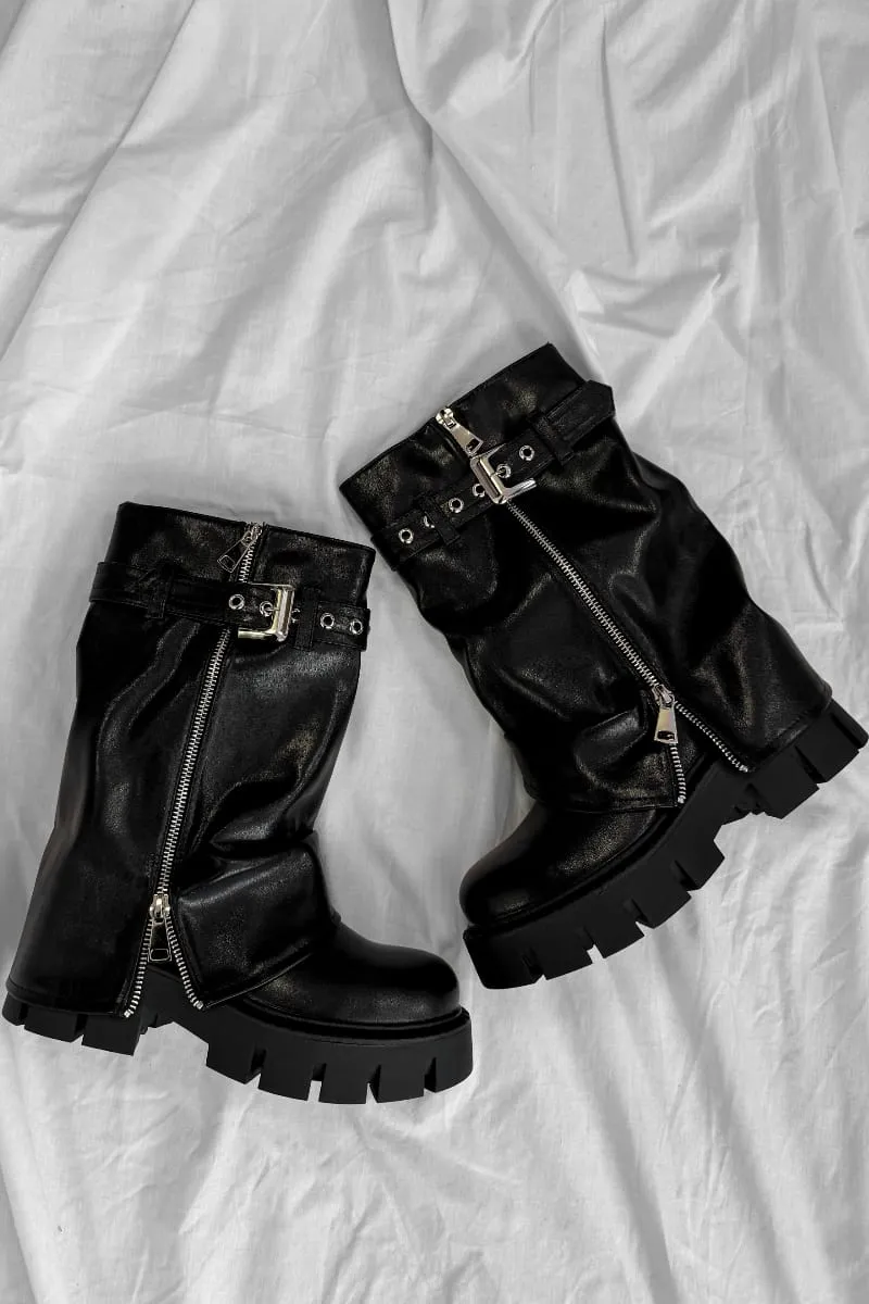 RAGE Flared Calf Chunky Zip Boots - Black PU