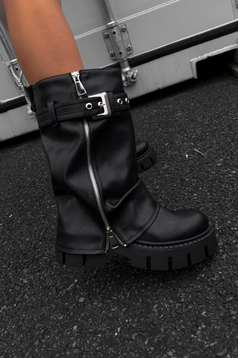RAGE Flared Calf Chunky Zip Boots - Black PU