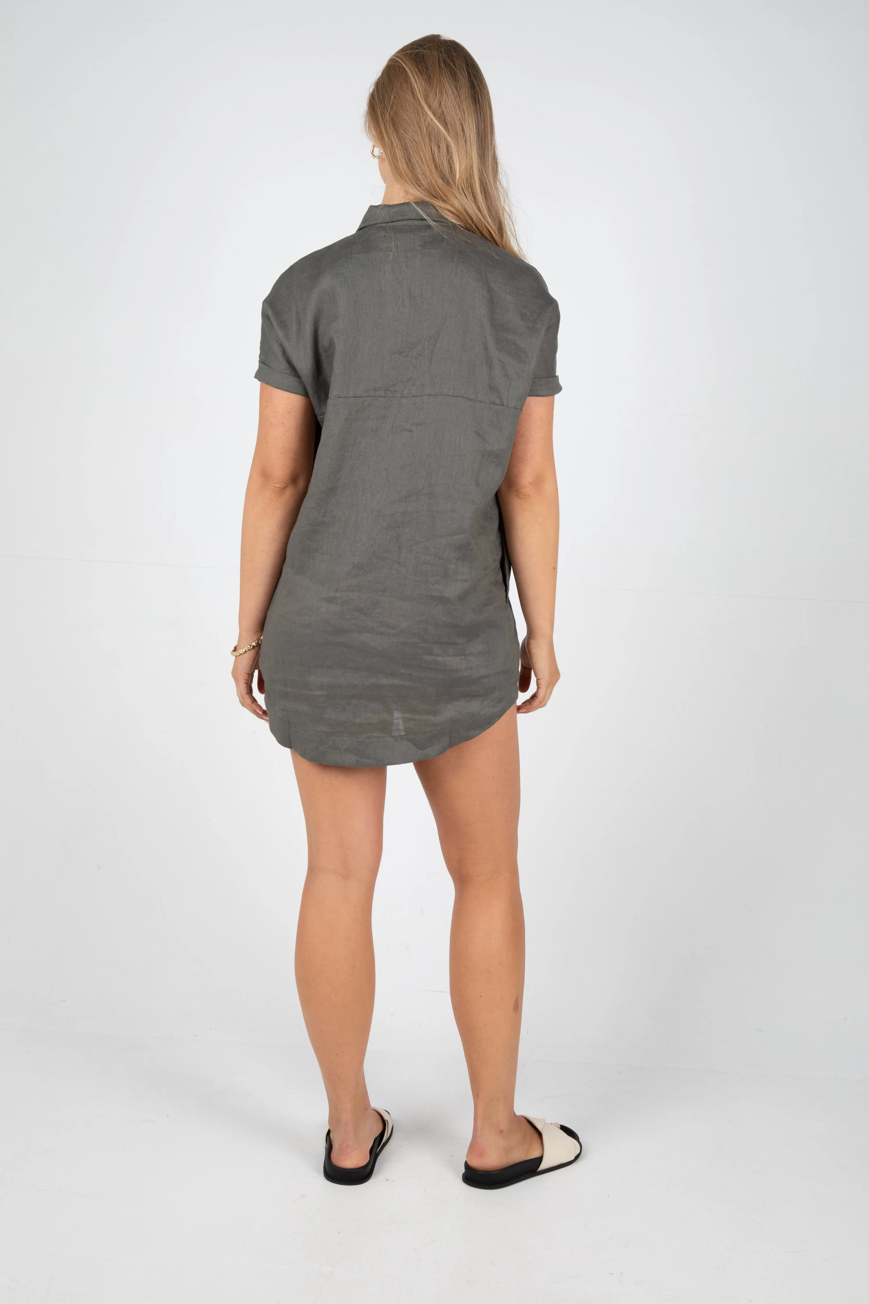 RAYLEIGH LINEN SHIRT DRESS - FOREST