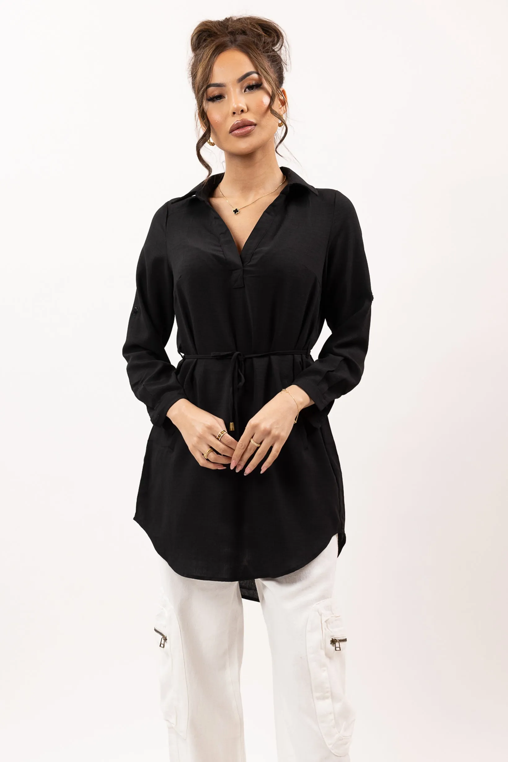 Roll Sleeve Loop Top - Dark Shades